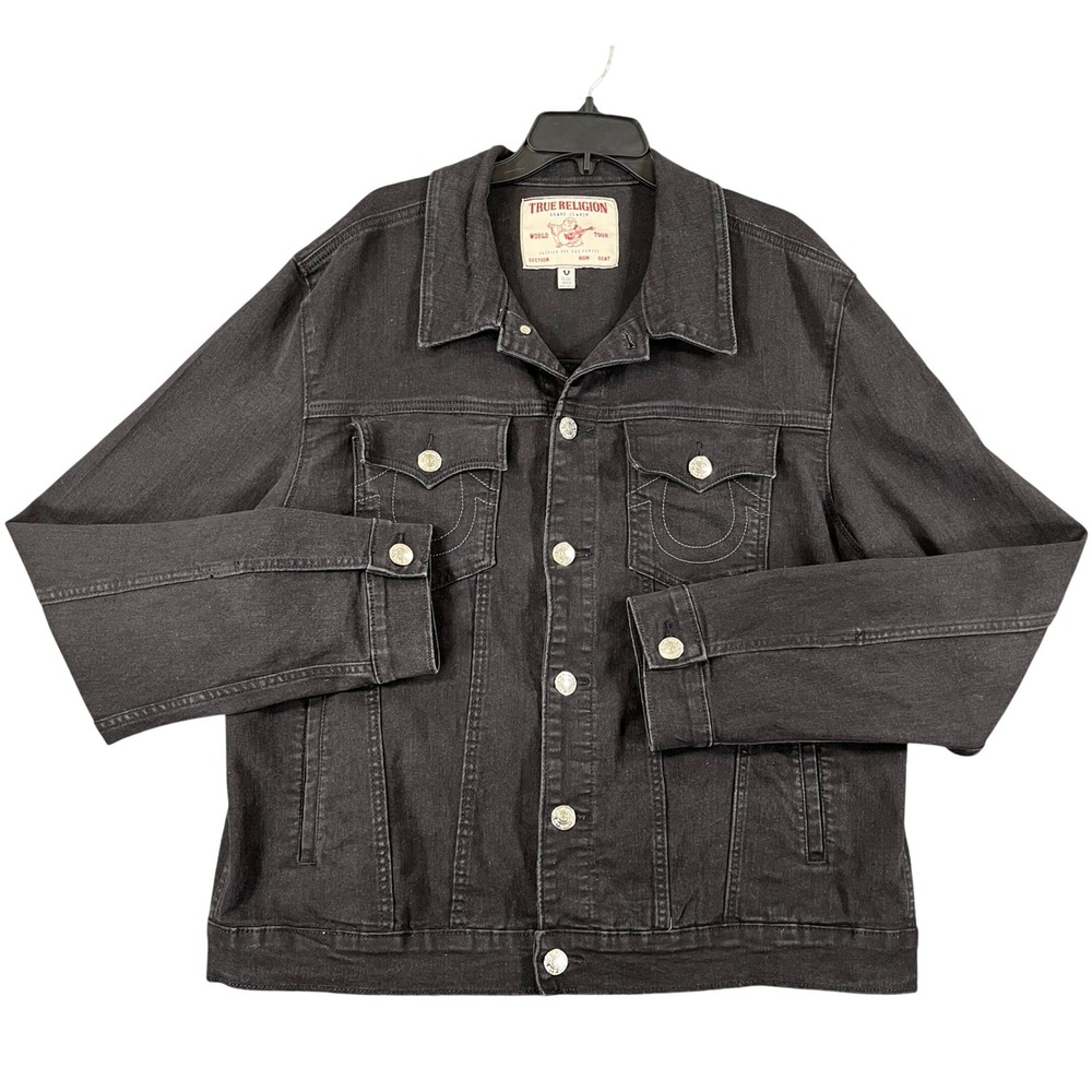 True Religion Denim Trucker Jacket Women XL Black Horseshoe Stitch Casual Layers